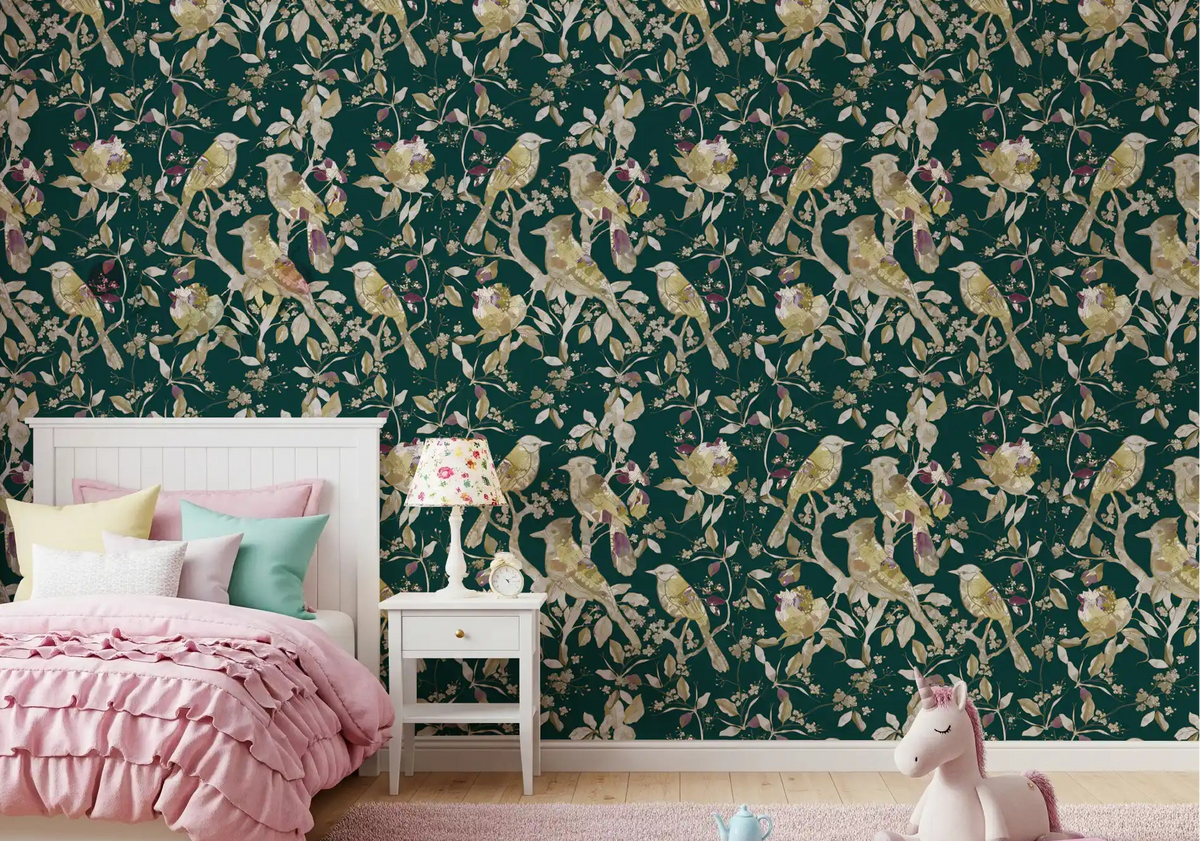 Bedroom using botanical bird wallpaper with pale leaves and blossoms