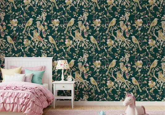 Bedroom using botanical bird wallpaper with pale leaves and blossoms