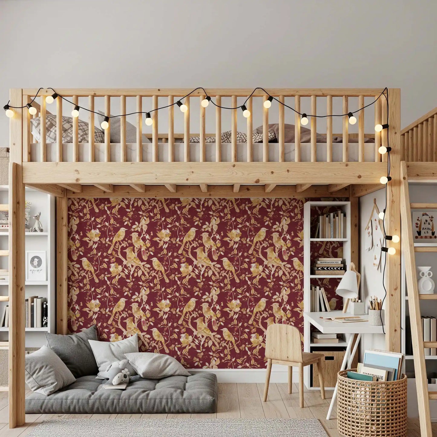 Kids room finished with Burgundy Heritage Wallpaper and soft bird motifs