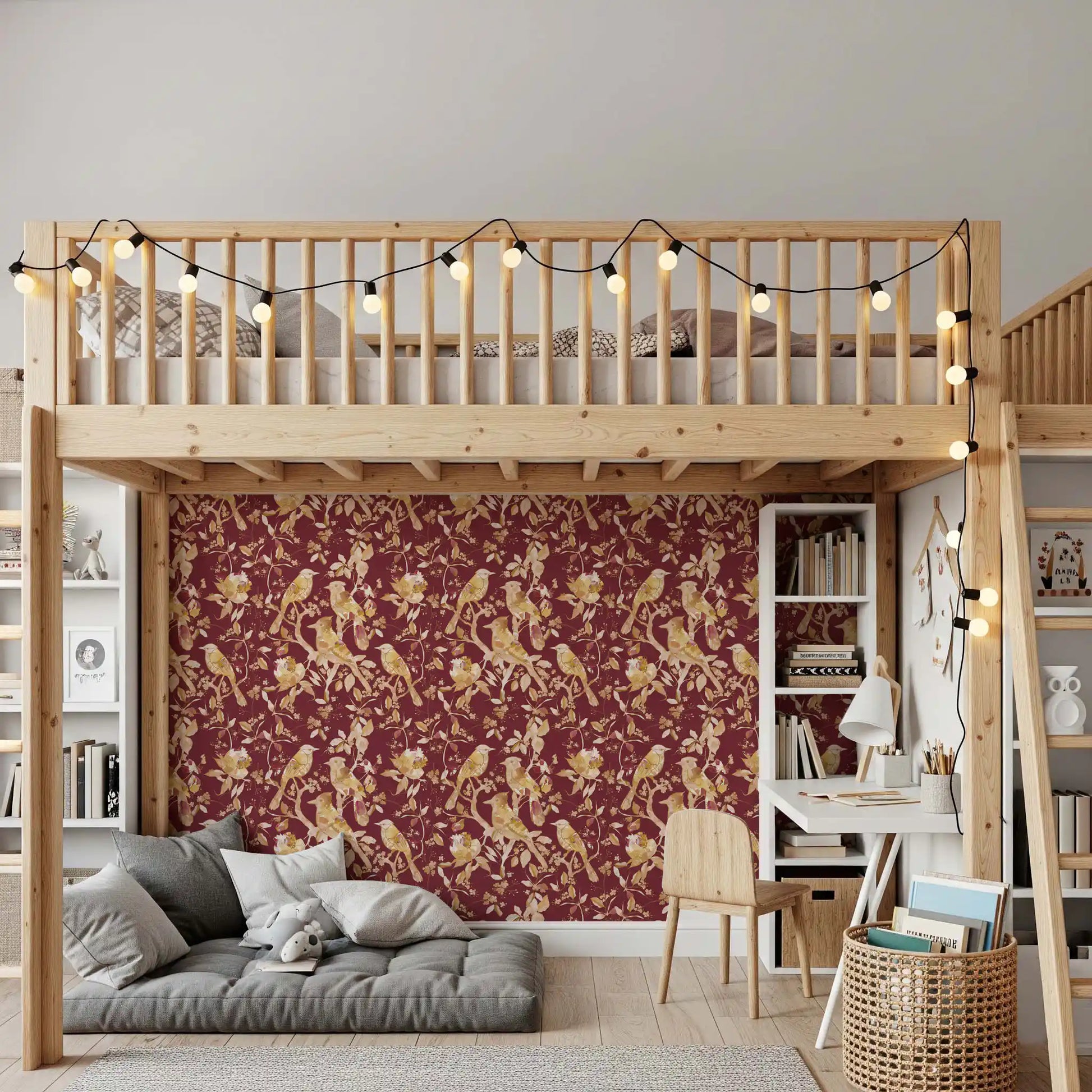 Kids room finished with Burgundy Heritage Wallpaper and soft bird motifs