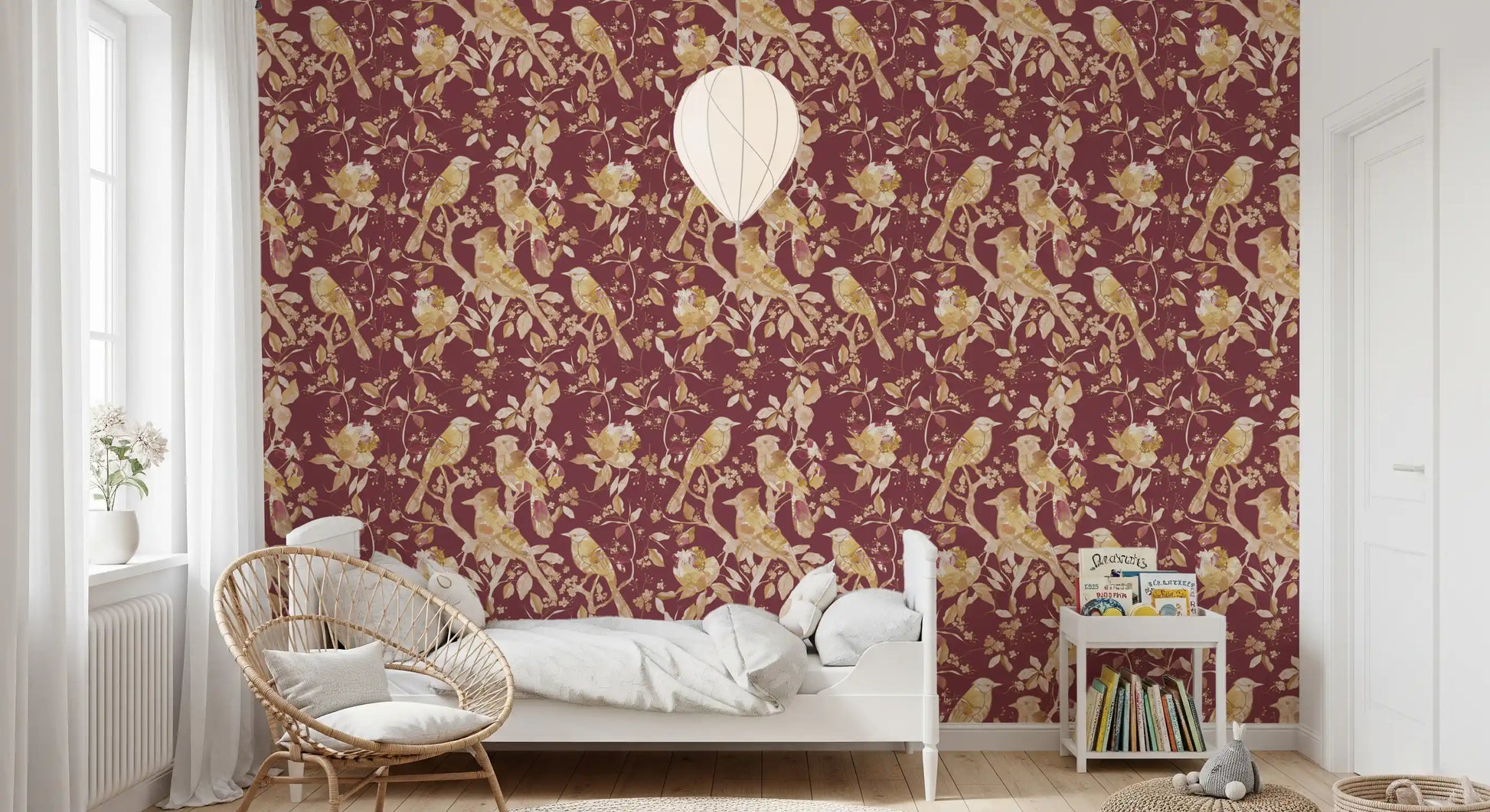 Burgundy Heritage Bird Wallpaper with cream birds and delicate vine trails