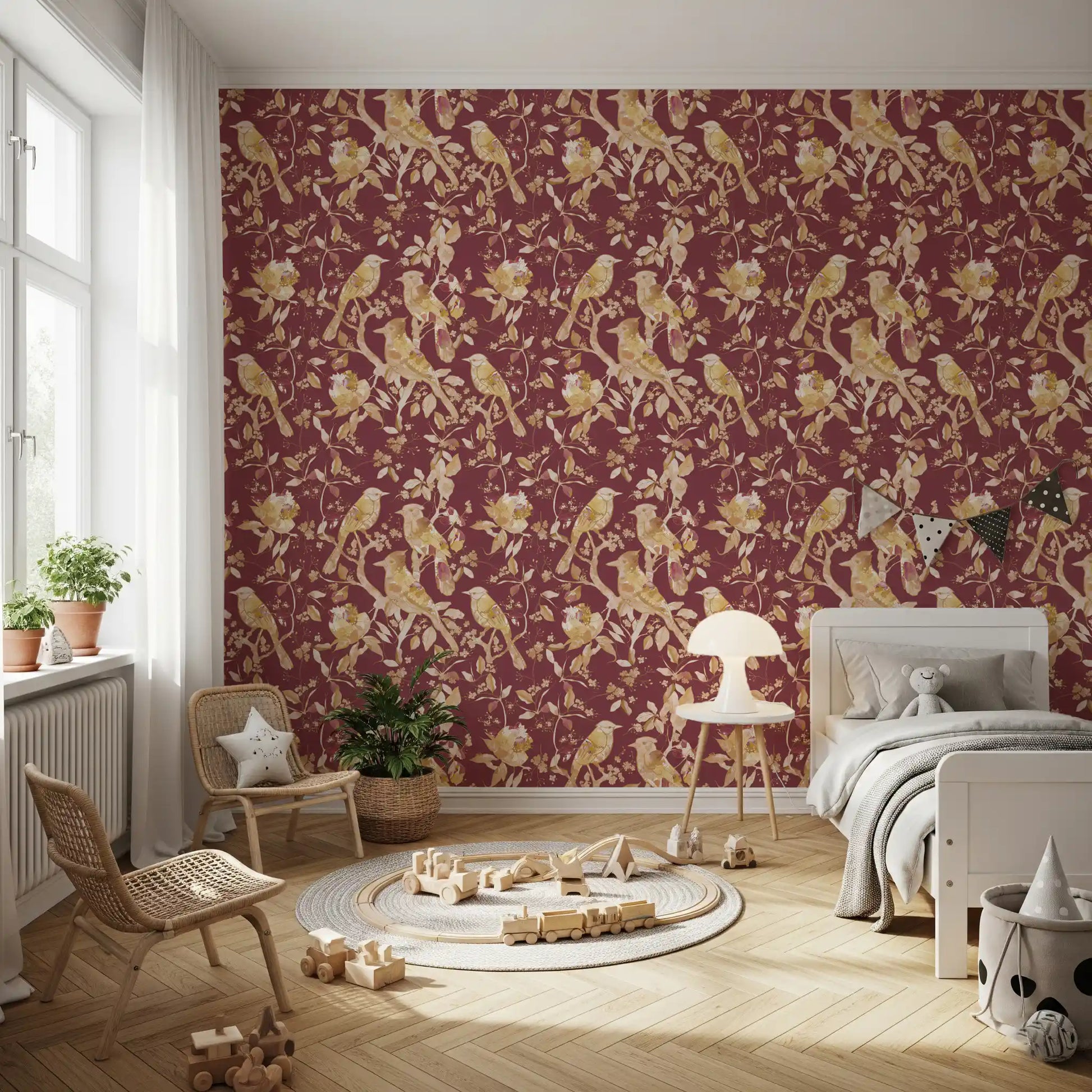 Heritage botanical wallpaper showing birds, blossoms, and slim branches