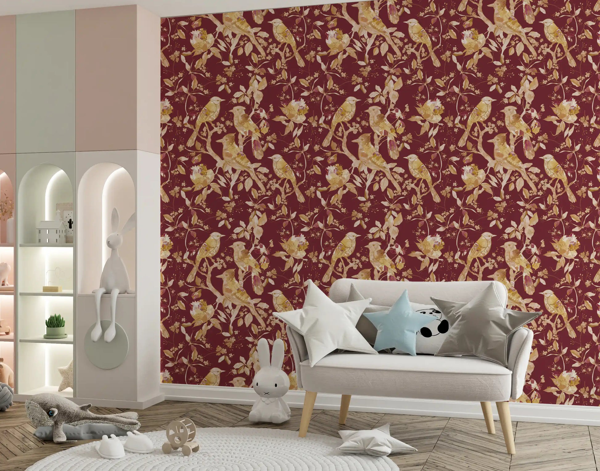 Warm burgundy tones support this bird floral wallpaper with antique detail
