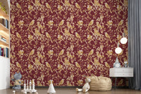 Classic bird wallpaper with cream florals across a deep burgundy base