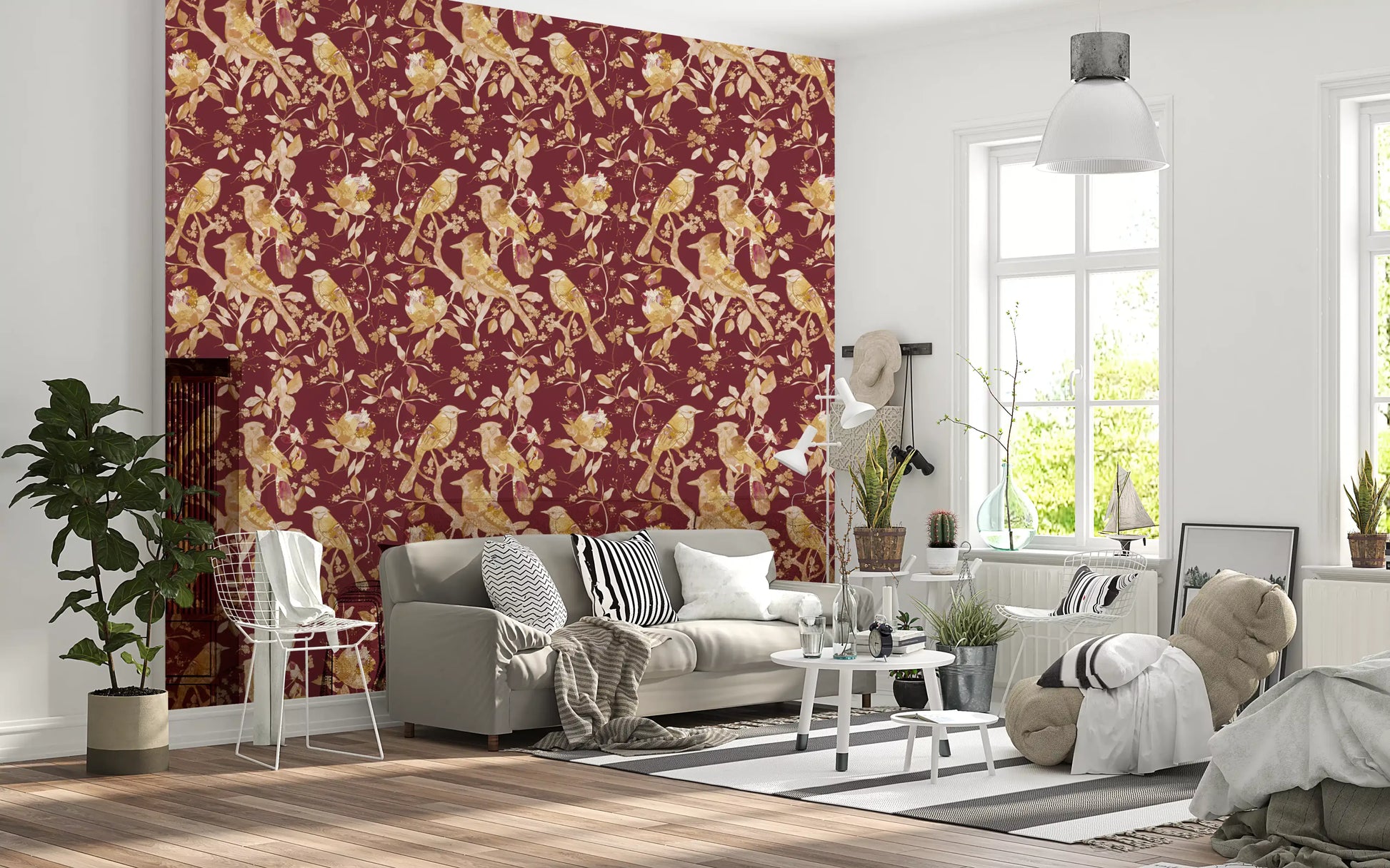 Hallway shows burgundy bird wallpaper with pale blossoms and fine leaves