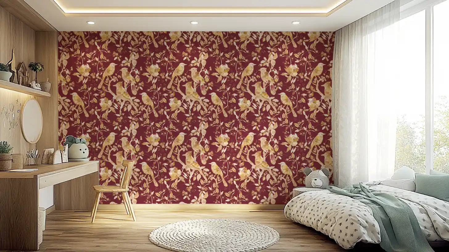 Pale bird artwork adds contrast to this burgundy wallpaper pattern
