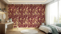 Pale bird artwork adds contrast to this burgundy wallpaper pattern