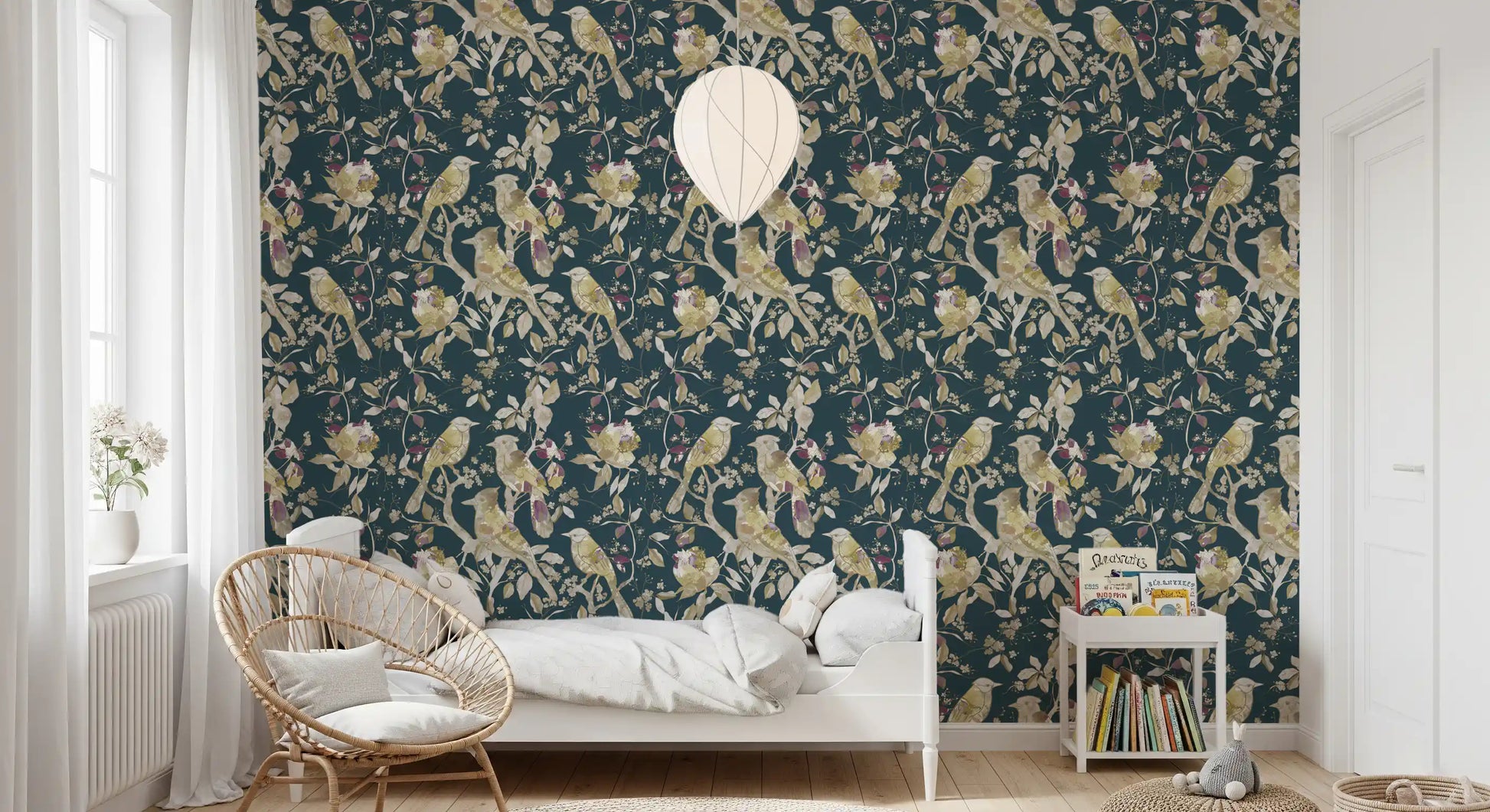 Bedroom showing teal bird wallpaper with cream flowers on dark teal