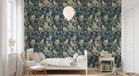 Bedroom showing teal bird wallpaper with cream flowers on dark teal