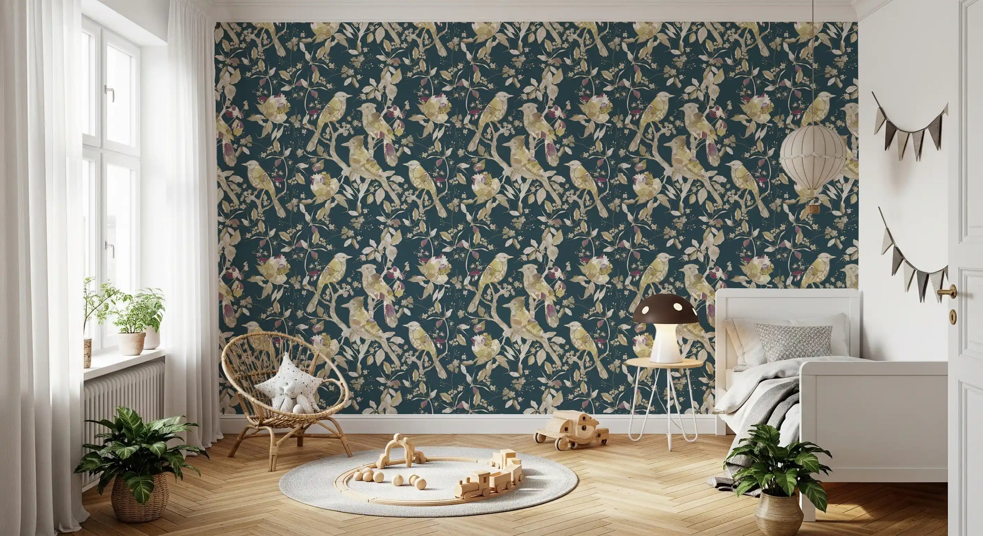 Dark teal shading frames this bird floral wallpaper with soft blossoms