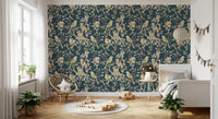 Dark teal shading frames this bird floral wallpaper with soft blossoms