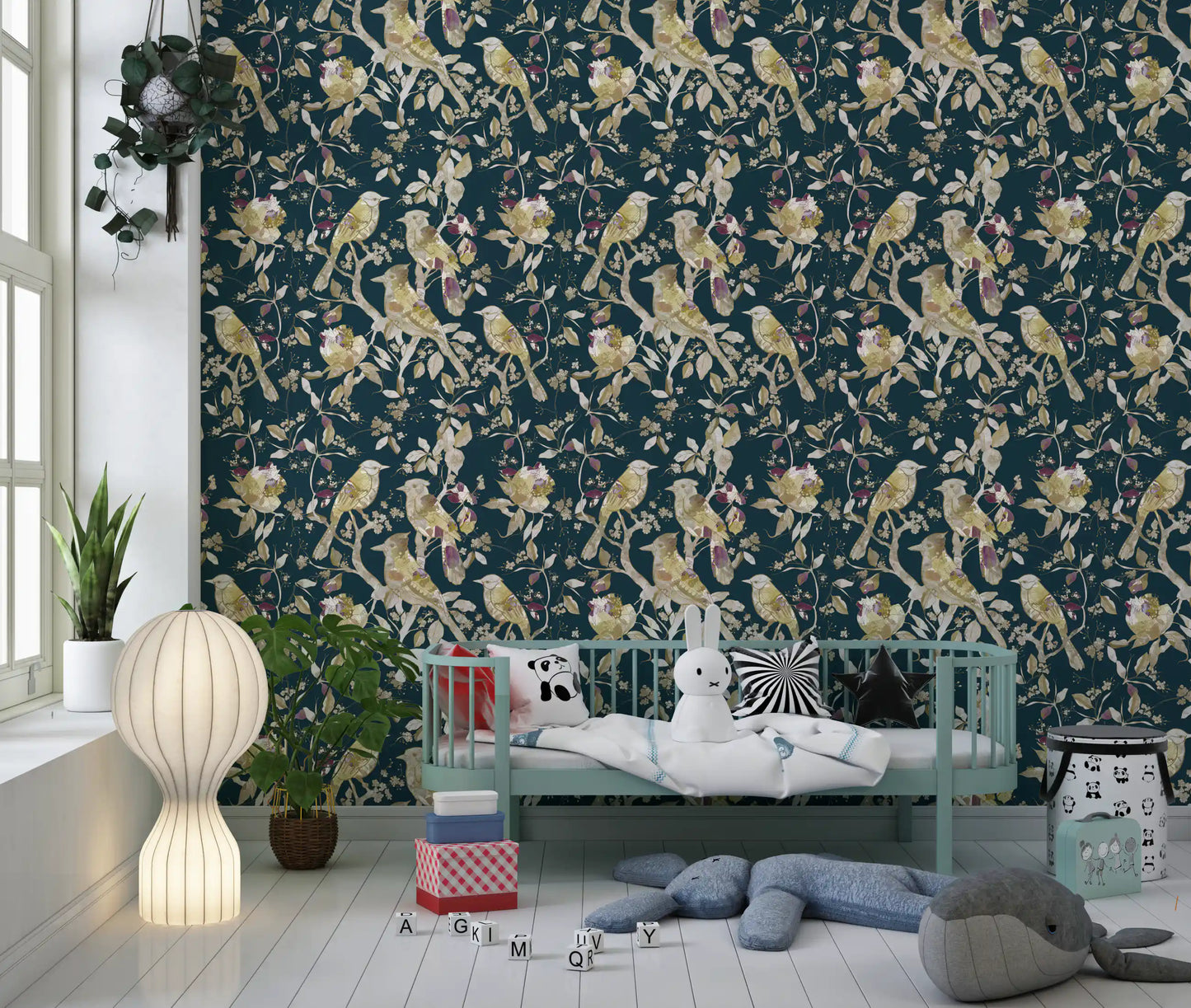 Nursery lined with Midnight Teal Wallpaper and delicate blossom trails