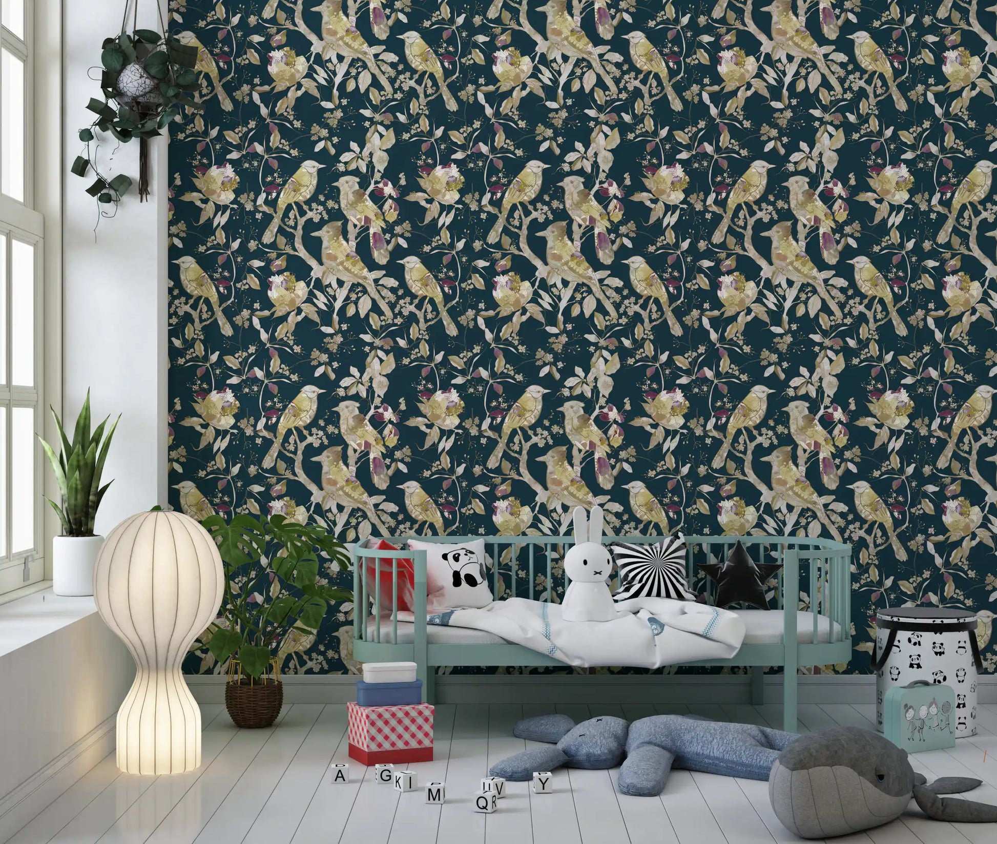Nursery lined with Midnight Teal Wallpaper and delicate blossom trails