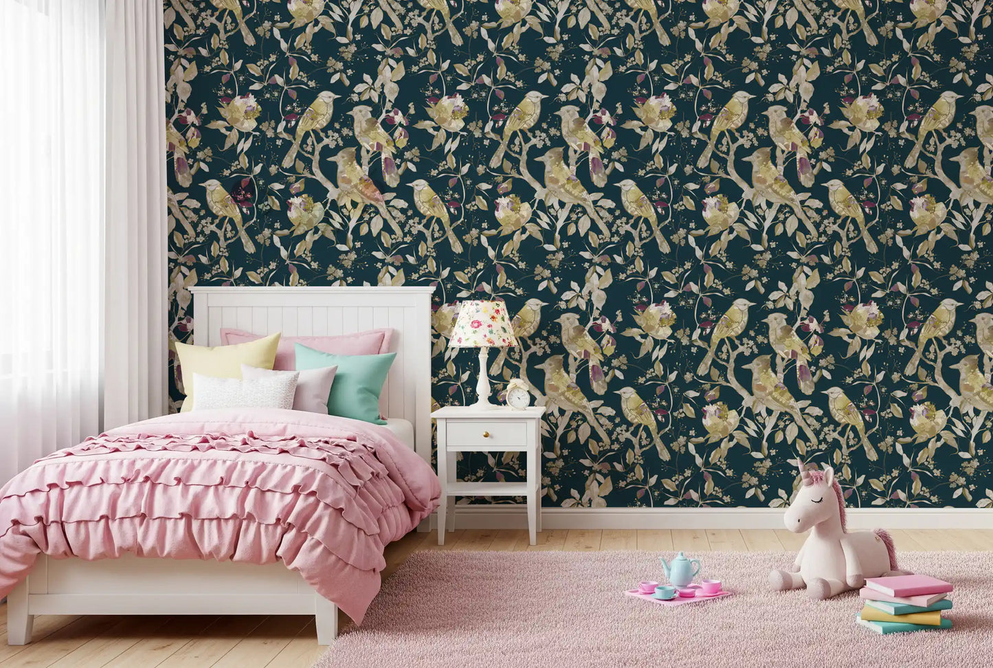 Kids room with Midnight Teal Garden Birds Wallpaper and perched bird artwork