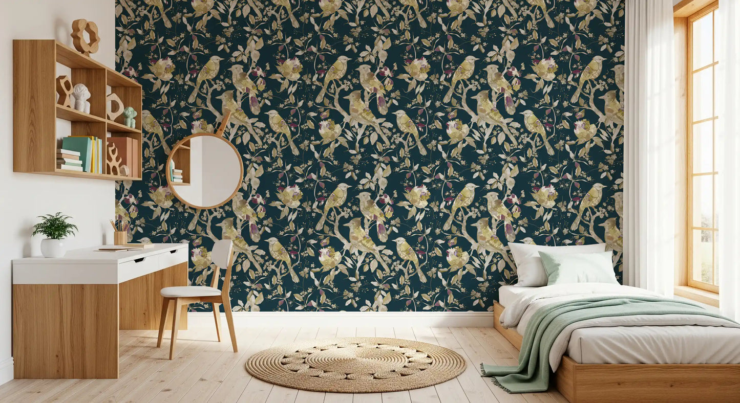 Pale leaf trails run through this garden birds wallpaper on a teal base
