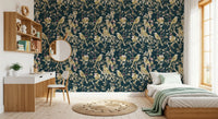 Pale leaf trails run through this garden birds wallpaper on a teal base