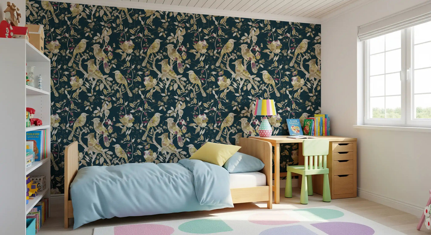 Botanical bird wallpaper showing fine branches, flowers, and deep color