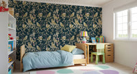 Botanical bird wallpaper showing fine branches, flowers, and deep color
