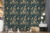Play area featuring teal garden birds wallpaper with pale floral branches