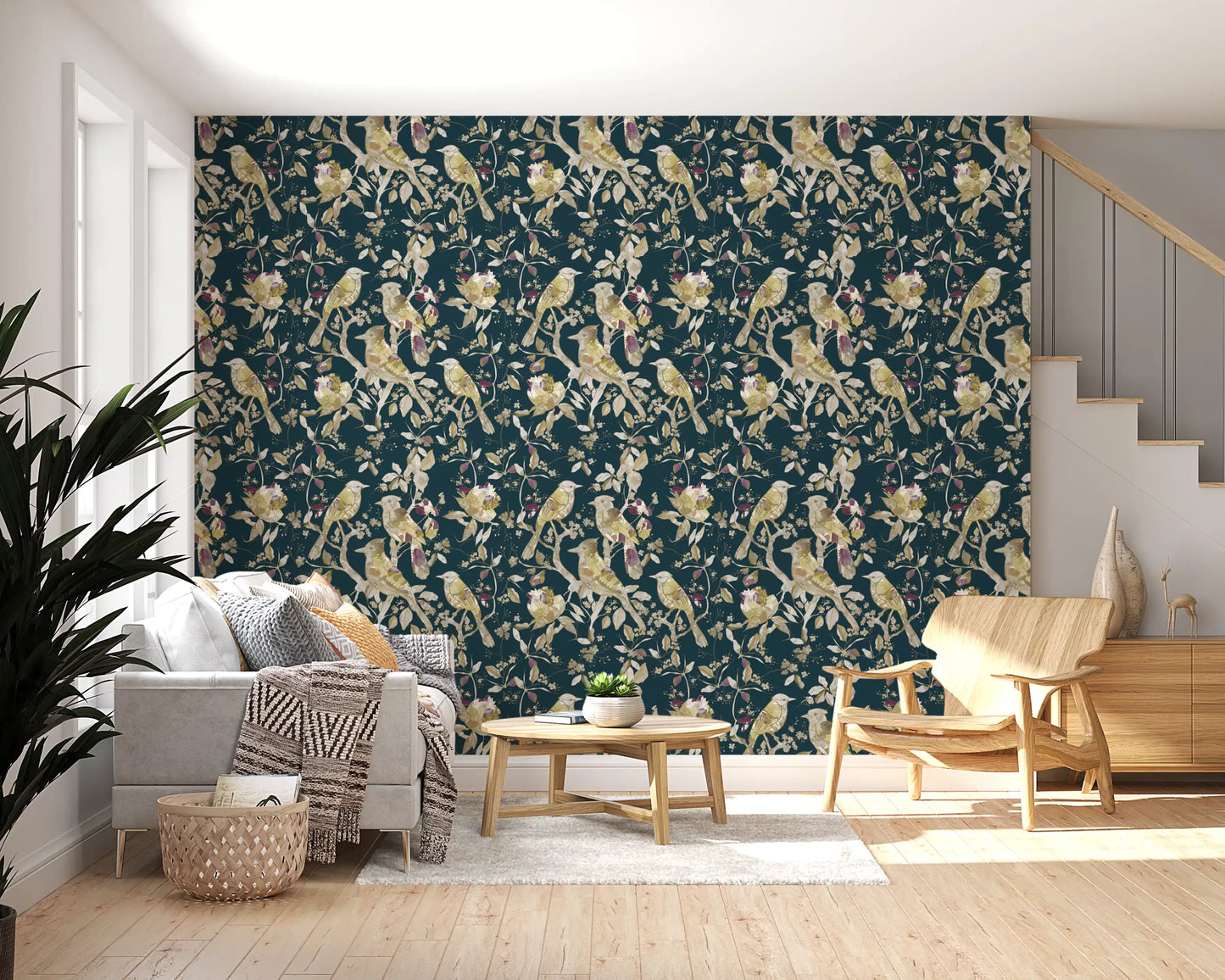 Teal floral bird wallpaper with cream blossoms and muted plum accents