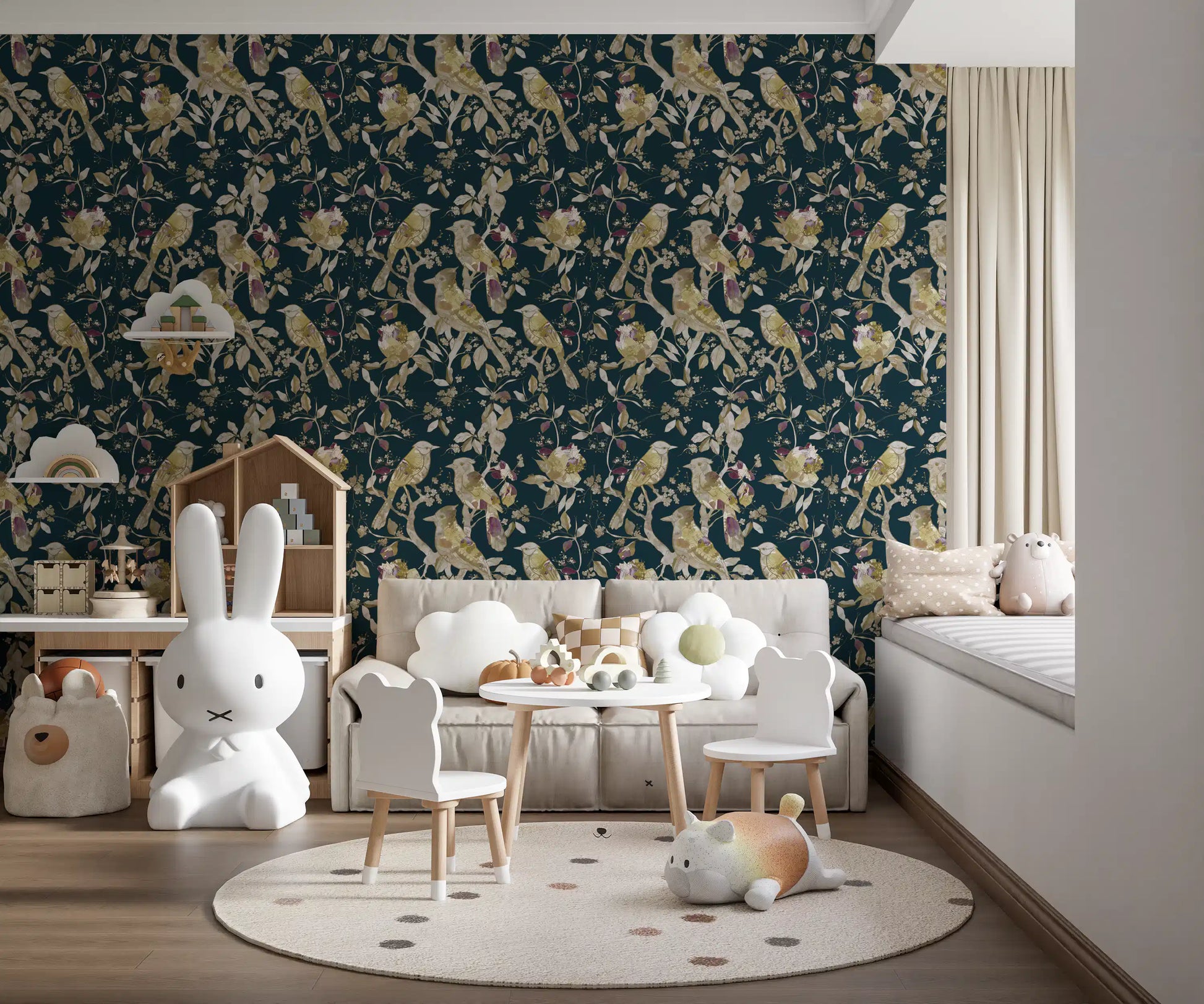 Perched birds add movement to this Midnight Teal Garden Birds Wallpaper