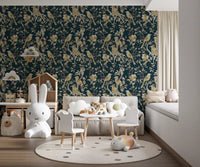 Perched birds add movement to this Midnight Teal Garden Birds Wallpaper