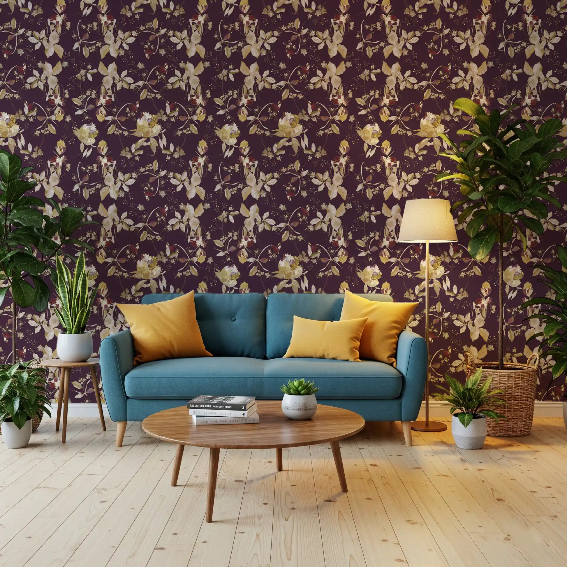 Cream floral shapes lift this Plum Botanical Wallpaper with gentle contrast