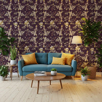 Cream floral shapes lift this Plum Botanical Wallpaper with gentle contrast