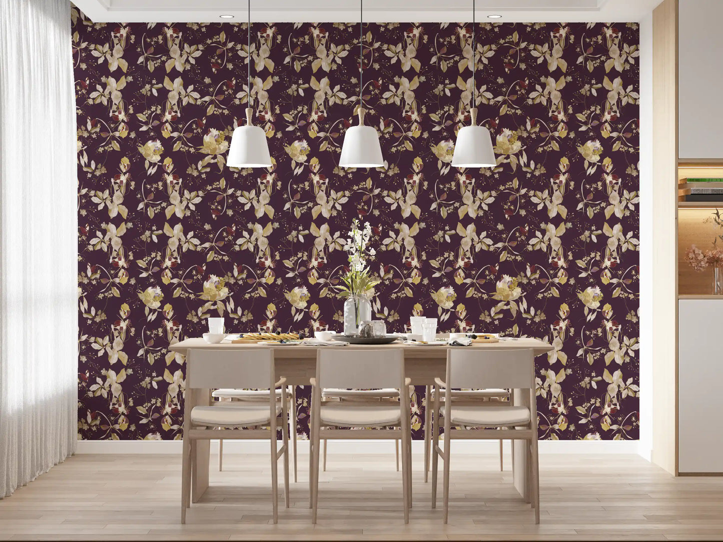 Dining room styled in Plum Blossom Wallpaper with cream botanical details