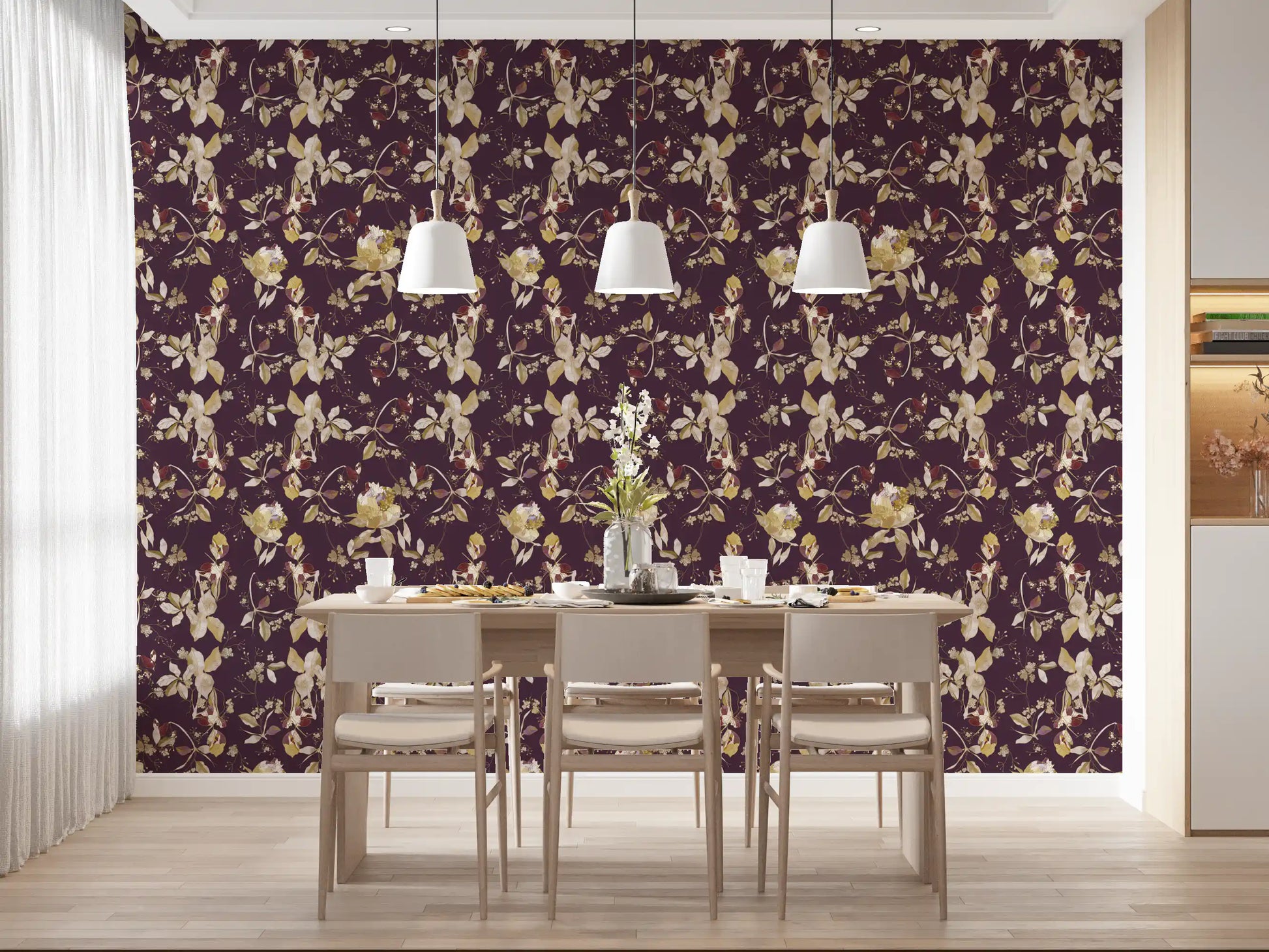 Dining room styled in Plum Blossom Wallpaper with cream botanical details