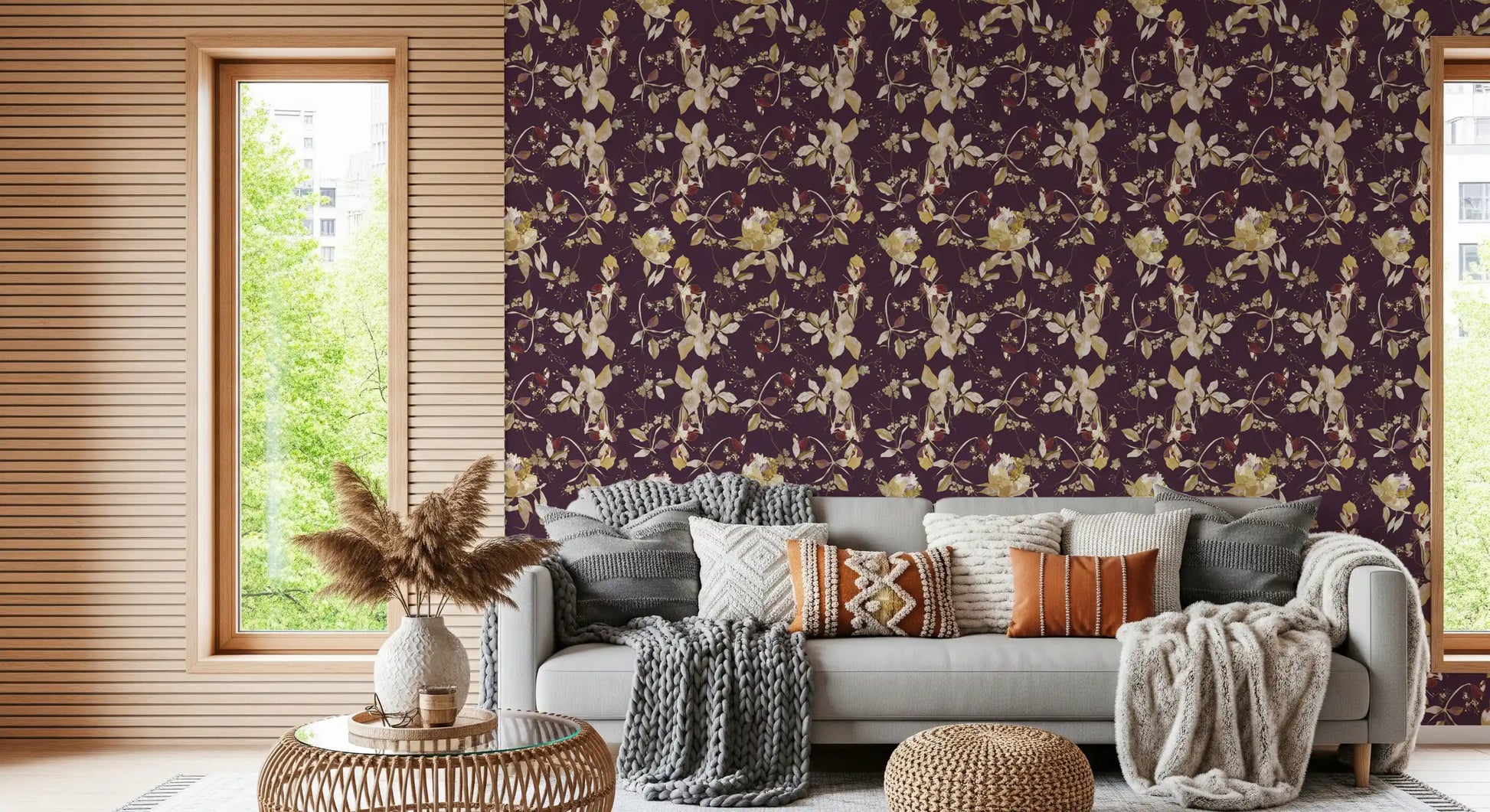 Floral wallpaper with cream blossoms and fine leafy movement