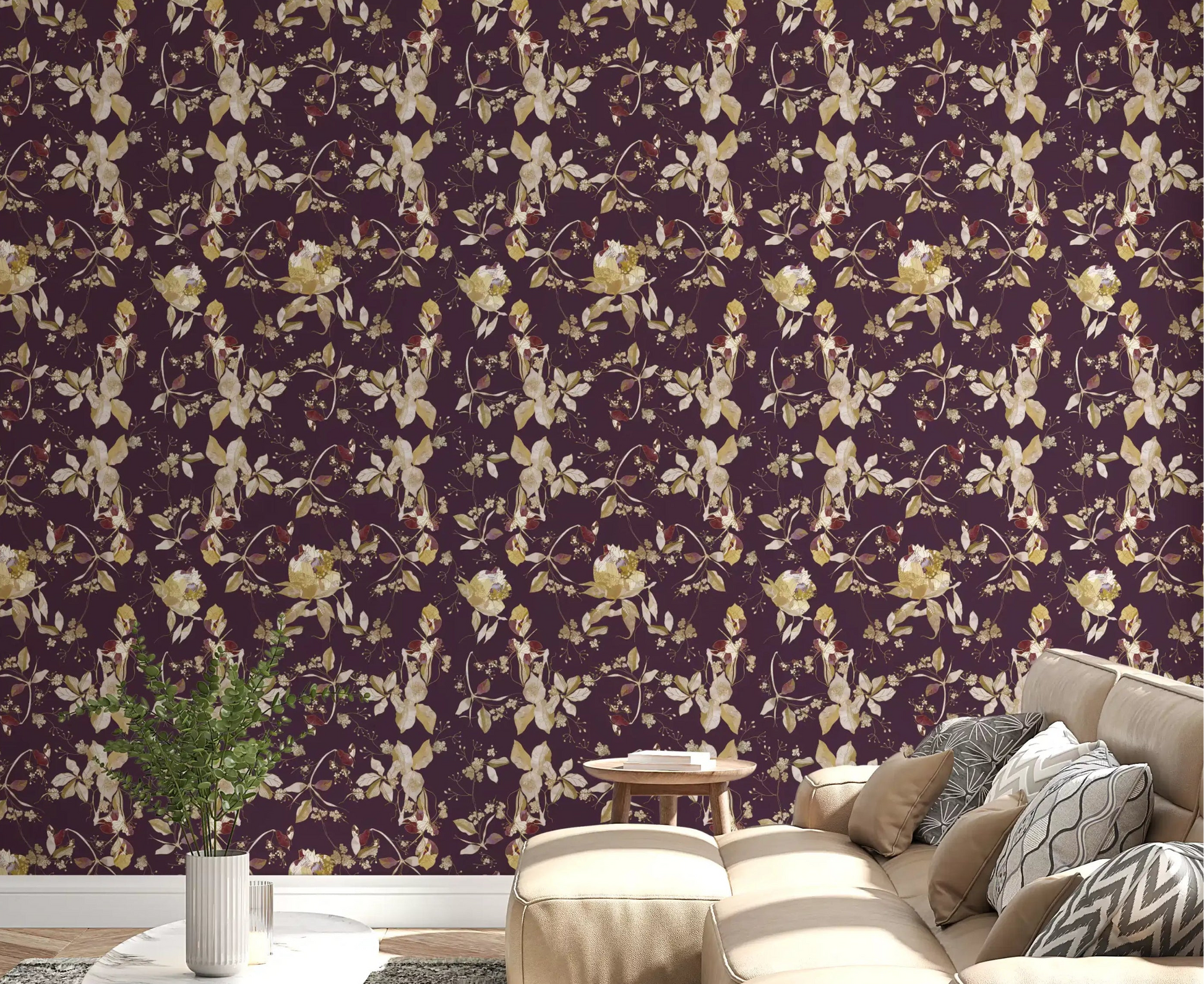Plum blossom wallpaper showing layered trails and vintage floral detail