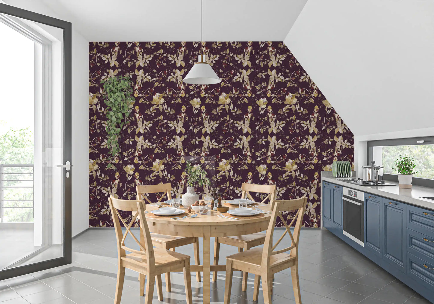Kitchen area with Plum Botanical Blossom Wallpaper and trailing floral vines