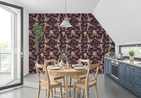 Kitchen area with Plum Botanical Blossom Wallpaper and trailing floral vines