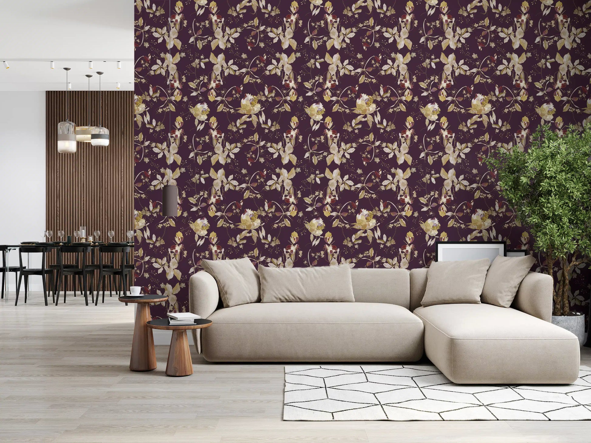Living room finished with plum floral wallpaper and cream blossoms