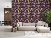 Living room finished with plum floral wallpaper and cream blossoms