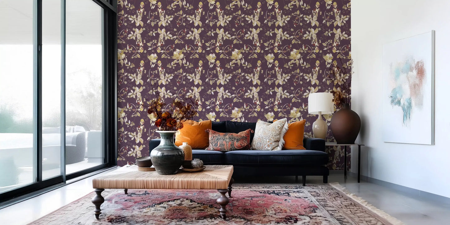 Hallway featuring botanical wallpaper on a deep plum floral background