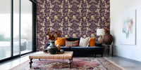 Hallway featuring botanical wallpaper on a deep plum floral background