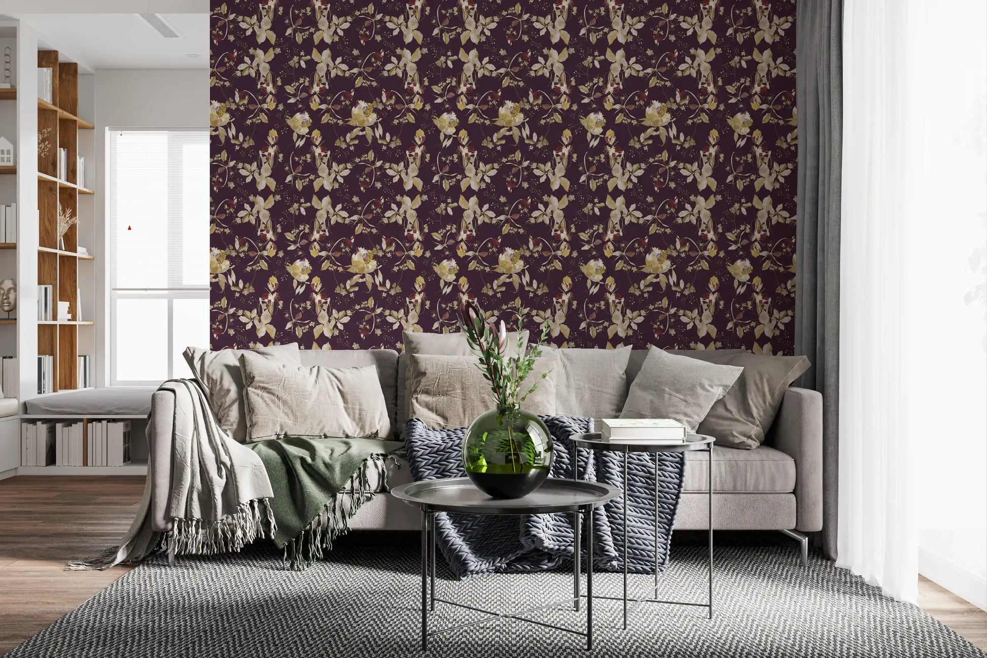 A calm repeat forms this botanical floral wallpaper with rich plum tones
