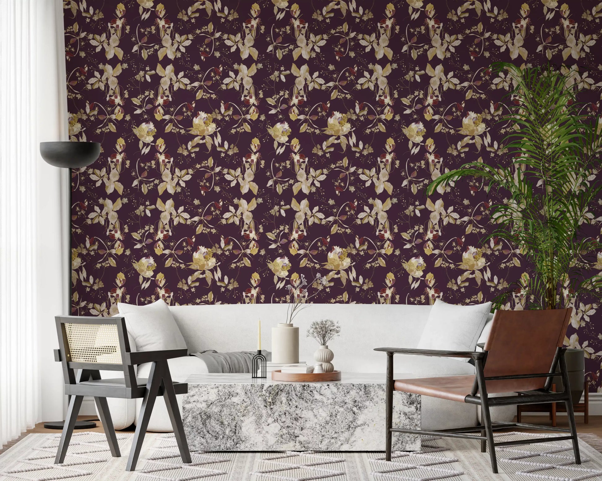 Office home using Plum Botanical Blossom Wallpaper with soft stem work