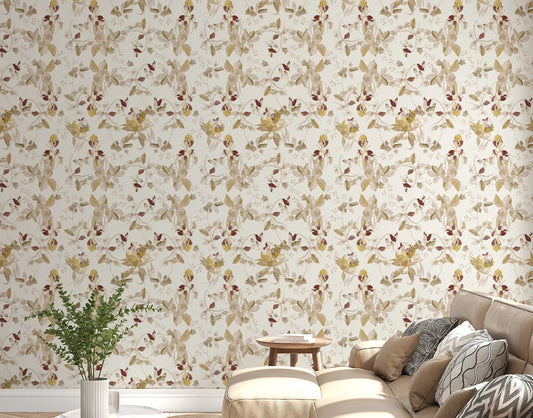 A pale ground supports floral trail wallpaper with delicate branch artwork