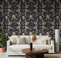 Home office with Forest Green Floral Trail Wallpaper and soft cream blossoms