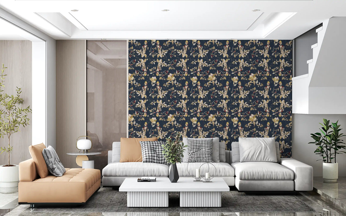 Leafy floral wallpaper with fine stems and a calm forest green base