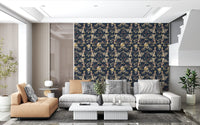 Leafy floral wallpaper with fine stems and a calm forest green base