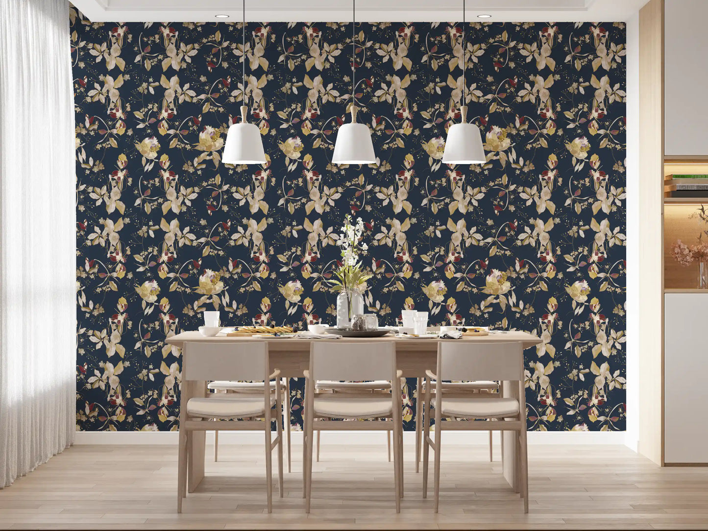 Soft cream petals appear across this green botanical wallpaper design