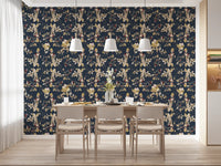 Soft cream petals appear across this green botanical wallpaper design
