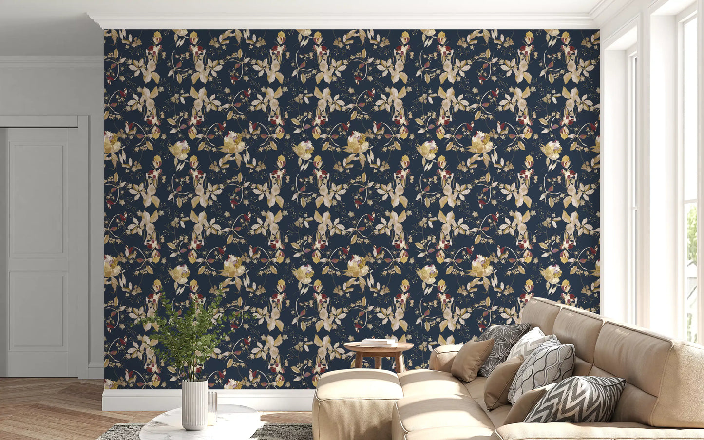 Living room styled in green floral trail wallpaper with delicate leafy stems