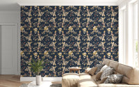 Living room styled in green floral trail wallpaper with delicate leafy stems