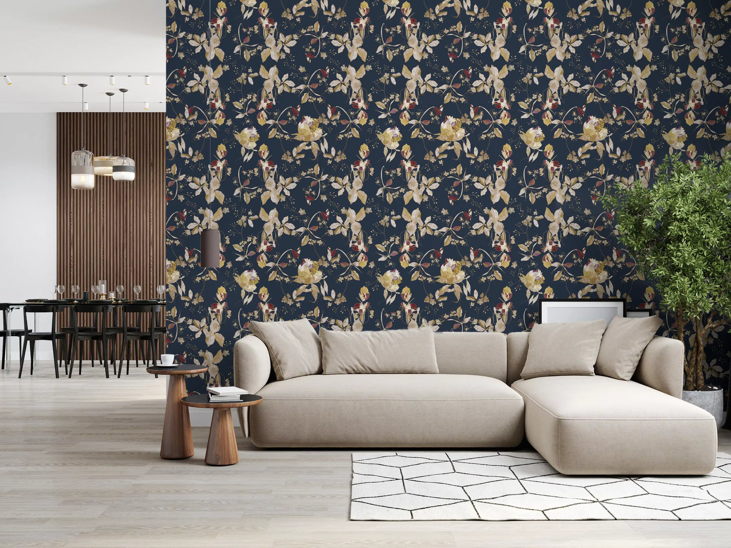 Living room using floral trail wallpaper on a deep green background
