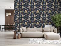 Living room using floral trail wallpaper on a deep green background